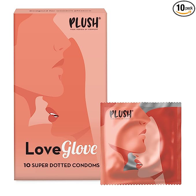 Plush LoveGlove Extra Super Dotted Condoms For Men, Unflavoured - 10 Count | Nat